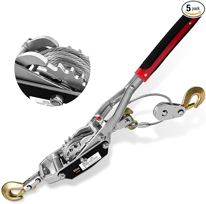 Come Along Winch,4T Capacity with 10FT Steel Cable,Heavy Duty Ratchet Power Puller Tool with Dual Gears,3 Hooks,Hand Winch Tool for Road Vehicle Recovery and Pulling Tree