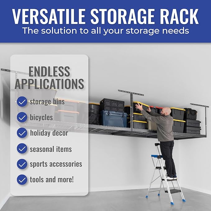 SafeRacks Heavy Duty Overhead Garage Storage Rack, 2-Pack 4x8 Hammertone, 12"-21", 600 lb Capacity, Adjustable Ceiling Mount