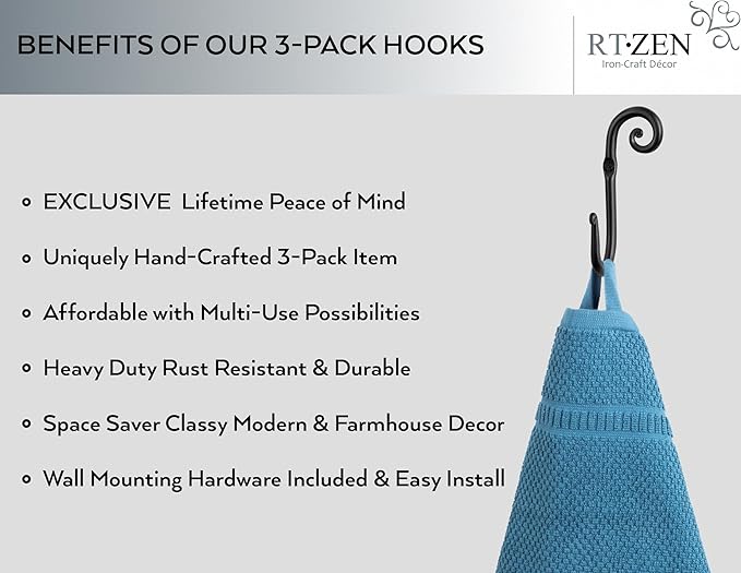 RTZEN Wall Mount Hook Set - Wrought Iron Decorative Rustic Metal Coat Hooks for Hanging - Handcrafted Classic Farmhouse Wall Mounted Black Hooks for Towel Robe or Hat Hanging - 3 Pack