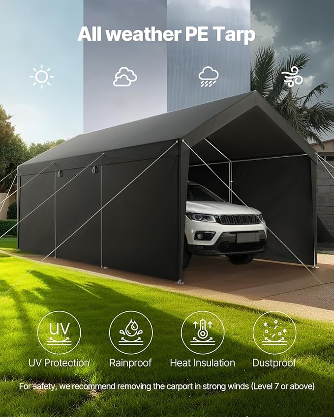 VEVOR 12x20 FT Heavy Duty Carport, Portable Car Canopy with Removable Sidewalls and Door, Outdoor Car Shelter, UV-Resistant, Water-Resistant, All-Season Car Shelter for Cars, Boats, and Equipment