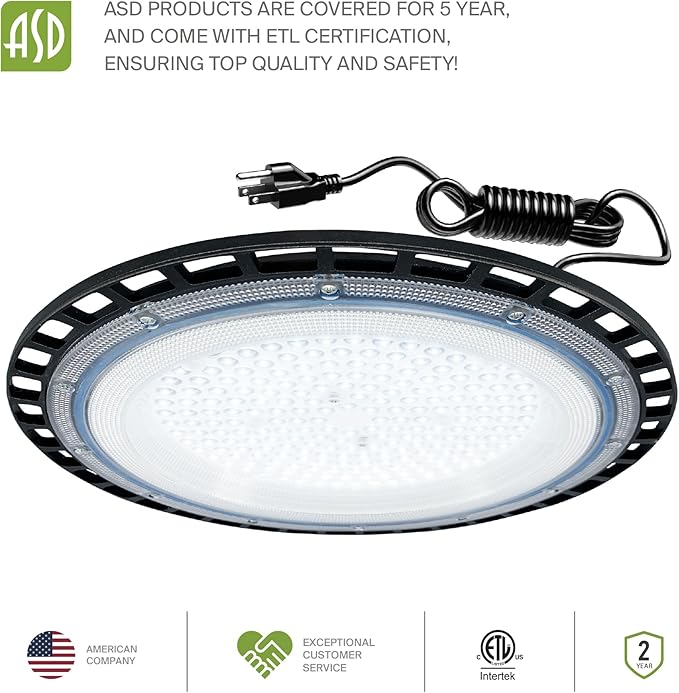 ASD LED High Bay UFO Light Fixture, Commercial Shop Lighting | Plug & Play Cable, IP65 Waterproof, ETL Listed | 150W 18000LM 5000K 100-277V | Warehouse, Garage, Workshop, Barn Lamp | Black, 12 Pack