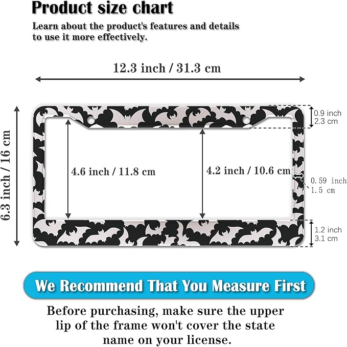 License Plate Cover for Women Black and White License Plate Frames for Men Dense Bats Aluminum Metal Car Accessory 2 Pack with Screw Covers Set