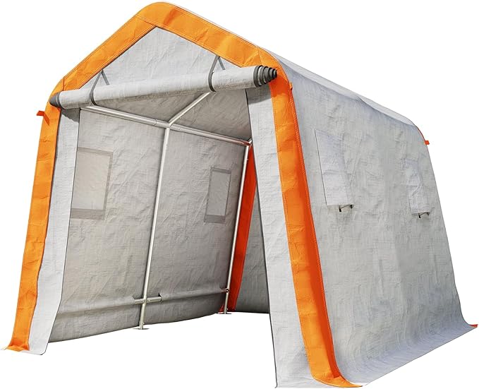 AMERLIFE 8x10x8 FT Heavy Duty Portable Shed Storage Shelter, Outdoor Storage Shed with 4 Waterproof Windows & Roll-Up Zipper Door, Carport for Motorcycle, Bike, Grey