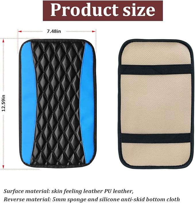 Car Center Console Cushion Pad, Universal Leather Waterproof Armrest Seat Box Cover Protector,Comfortable Car Decor Accessories Fit for Most Cars, Vehicles, SUVs (Blue)