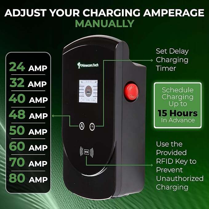PRIMECOM 80 Amp 22KW 220Volt Level-2 18ft to 50ft Cord Lengths 20X Fast Smart Electric Vehicle EV Charging Station Ford Transit F-150 Lucid Air Polestar TeslaXS Taycan (50 Feet)