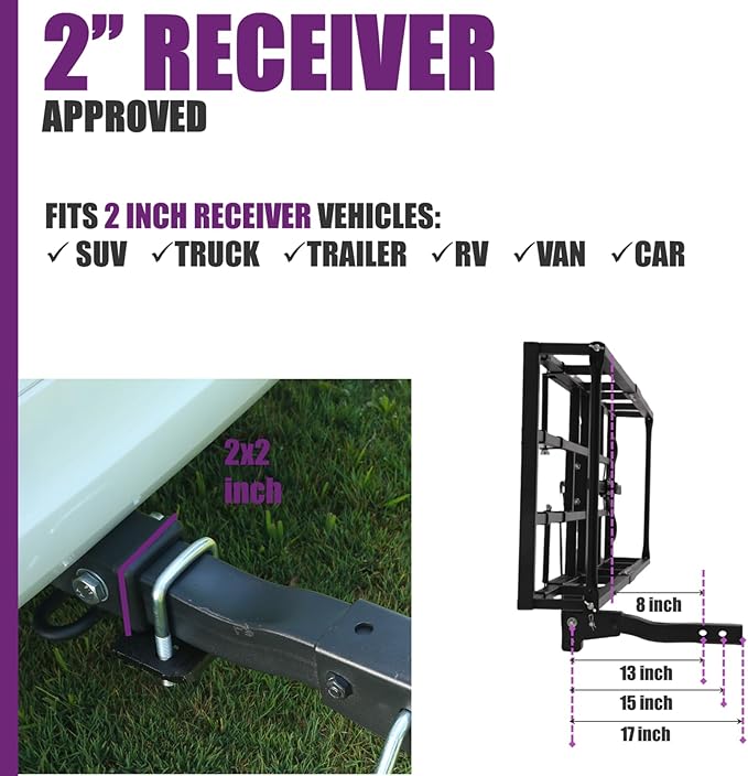 Hitch-Mount Bike Rack for Ebike Heavy-Duty - Comes with Cargo Carrier Fits 2 Electric Fat-Tire Mountain Bicycles Fits 2" Receiver for Car Trailer SUV Truck RV Minivan (Purple)