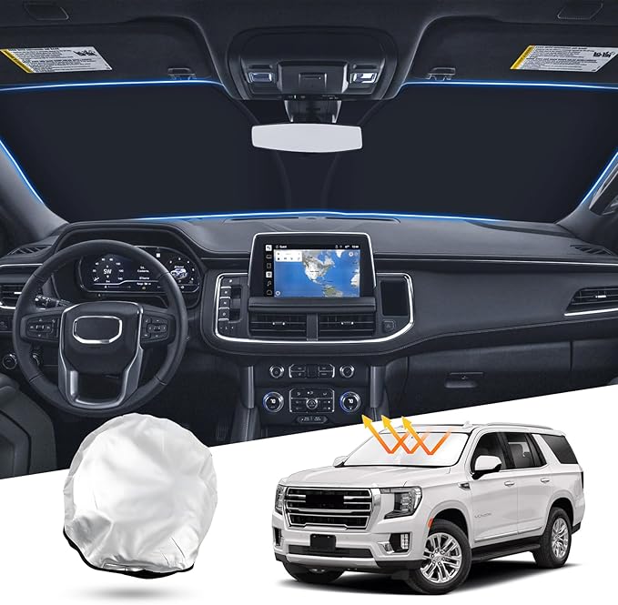 T TGBROS Windshield Sun Shade Custom Fit for 2021-2023 2024 2025 GMC Yukon, Yukon XL Accessories Foldable Sun Shield Reflective Polyester Sun Visor Cover Block Heat and Sun Protection