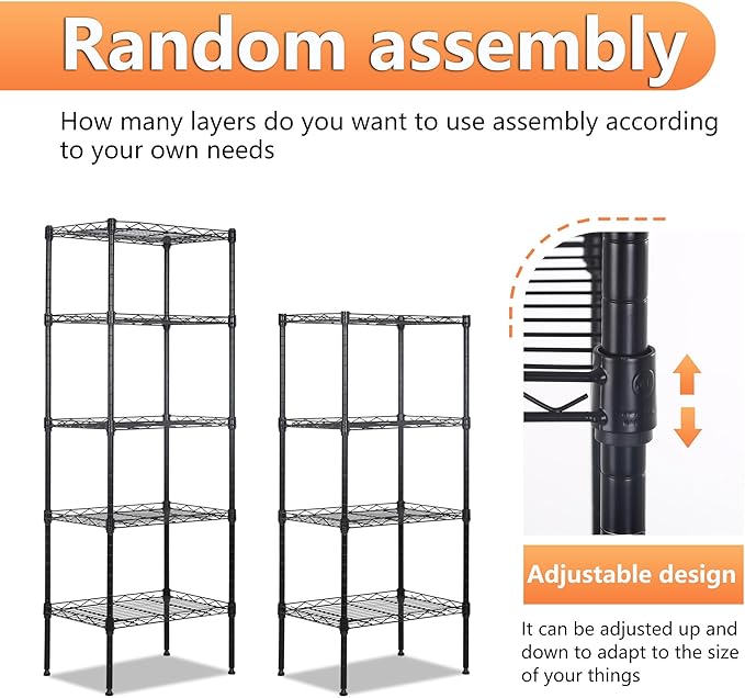 BestOffice 5 Tier Garage Shelving Heavy Duty Metal Shelves 17”D x 12”W x 48”H Easy Assemble Storage Shelves NSF Certified Wire Shelving with Leveling Feet for Garage Home Office, Black