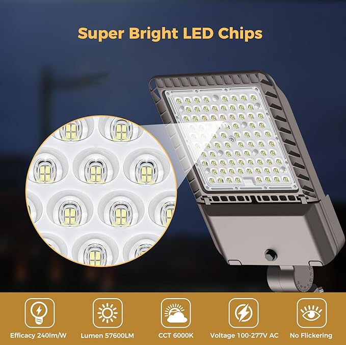 LED Parking lot Lights 240W Commercial Area Oudoor Lighting 43200LM Dusk to Dawn Photocell Street Lights 6000K IP65 100-277V for Yard Garage Warehouse 3 Pack with Wrench