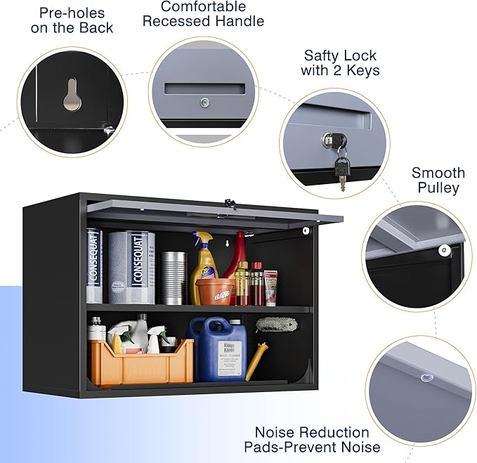 Yizosh Metal Wall Cabinet with Doors and Shelves, Wall Mounted Storage Cabinet for Garage, Basement, Kitchen, Warehouse (Black Gray, 21.6" H)