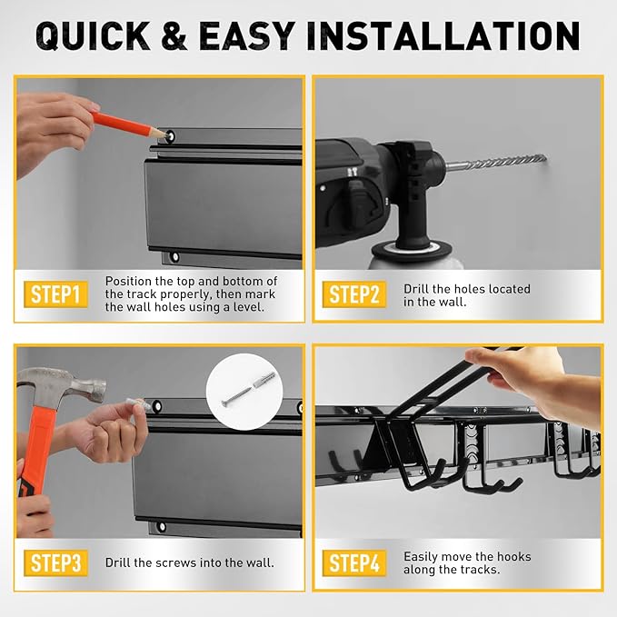 ELEAD 48 Inches Garage Storage, Garage Organization, Garden Tool Organizer Wall Mount, 9 Adjustable Heavy Duty Metal Hooks, Holds Up to 730 lbs, Yard Tool Organizer for Garden, Yard, and Shed