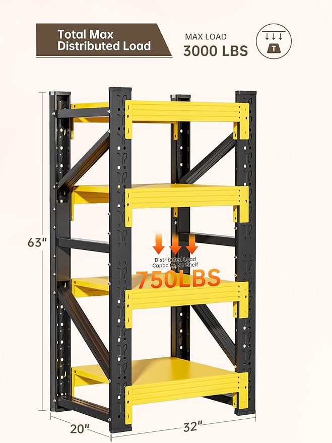 4-Tier Storage Shelves,63" H Heavy-Duty Garage Shelving Unit,Adjustable Industrial Metal Shelf System,3,000lbs Capacity,Tool Organizer for Garage,Workshop,32" W*20" D*63" H,Black&Yellow