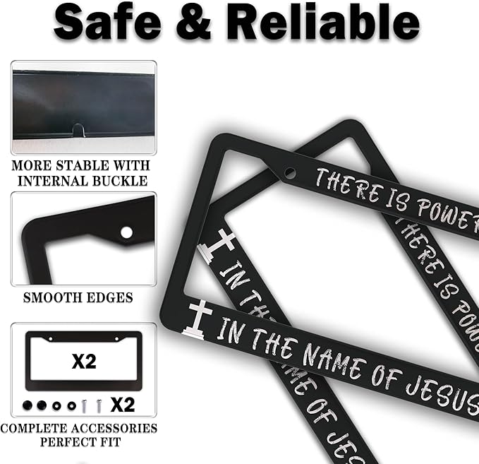 License Plate Frames Black and White License Plate Holder There is Power in The Name of Jesus Universal Aluminum Car Accessory 2 Pack with Screw Covers Set