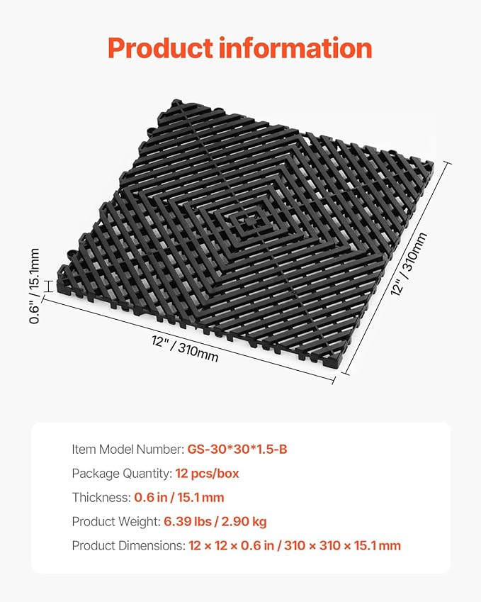 VEVOR Interlocking Drainage Mat, 12” x 12” Modular Interlocking Cushion, 12 Pcs Splicing Drainage Mats, Non-Slip Black PP Drainage Floor Tile and Shower Mat, for Garage, Garden, Kitchen & Outdoor