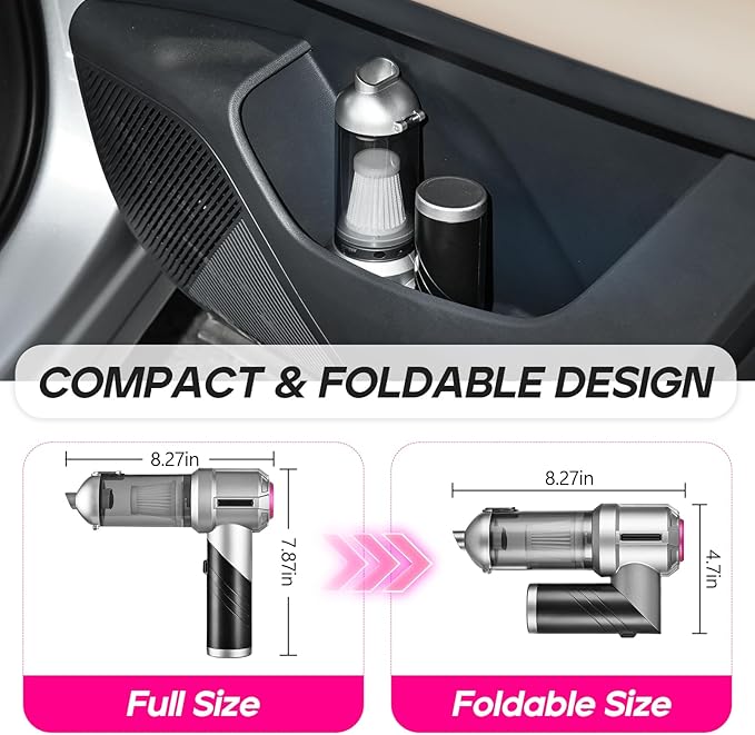 PeroBuno Car Vacuum Portable Cordless, 18000PA Suction, 3-in-1 Foldable Handheld Vacuum & Air Duster with Brushless Motor, 40mins Runtime, One-Click Dust Removal for Car Home Cleaning