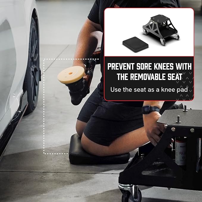 Vyper Low Pro Garage Stool with Removable Seat for Mechanics, Automotive, DIY - 400 lb Capacity Rolling Shop Chair (Black Seat, Blue Frame)