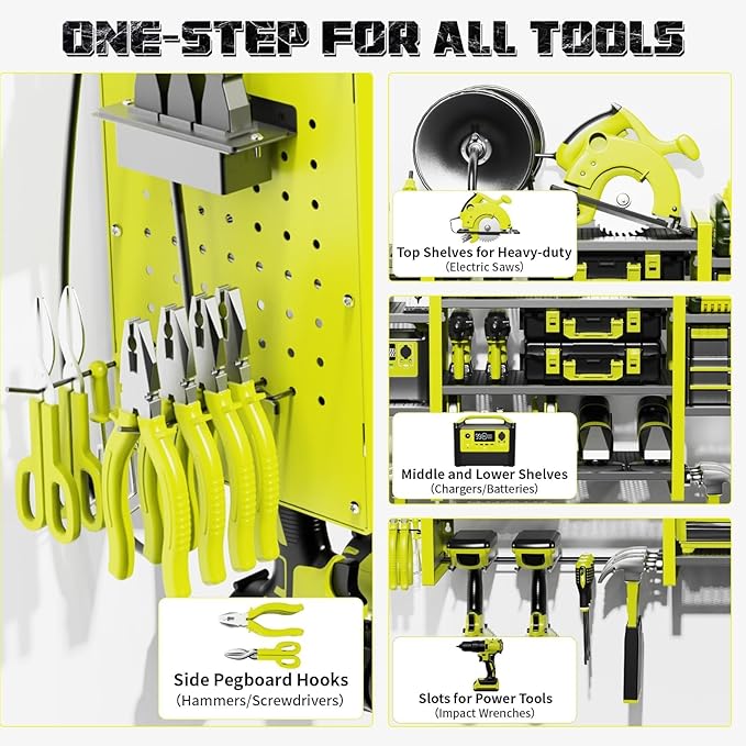 Power Tool Organizer with Charging Station Wall Mount, 3 Layer Expanded Heavy Duty Garage Organization, 48.8 Inch Length Garage Tool Storage, 4 Drill Slot, 16" Standard Hole, Green