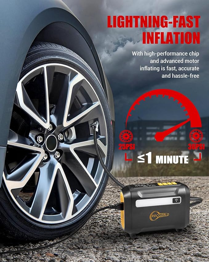 R8 Tire Inflator Portable Air Compressor, DC 12V Portable Air Compressor with Large Dual Digital Screen, 3X Faster Inflation Portable Air Pump for Car Tires, Bike, Motor - Car Accessories