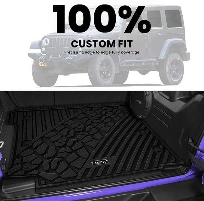 LASFIT Trunk Mat for Jeep Wrangler JL 2018-2025 4 Door Gas Type with Subwoofer and Flat Load Floor (Not for JK/Not PHEV/Not 2-Door) All Weather TPE Custom Fit Cargo Mat, Black
