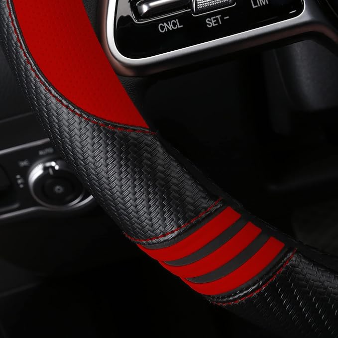 Car Steering Wheel Covers for Women Girl Padded Carbon Fiber PU Leather Cute Cartoon Auto Interior Accessories for Jeep, Truck, Universal, Anti Slip, Red, Large Size 15.5-16"(39-41cm)