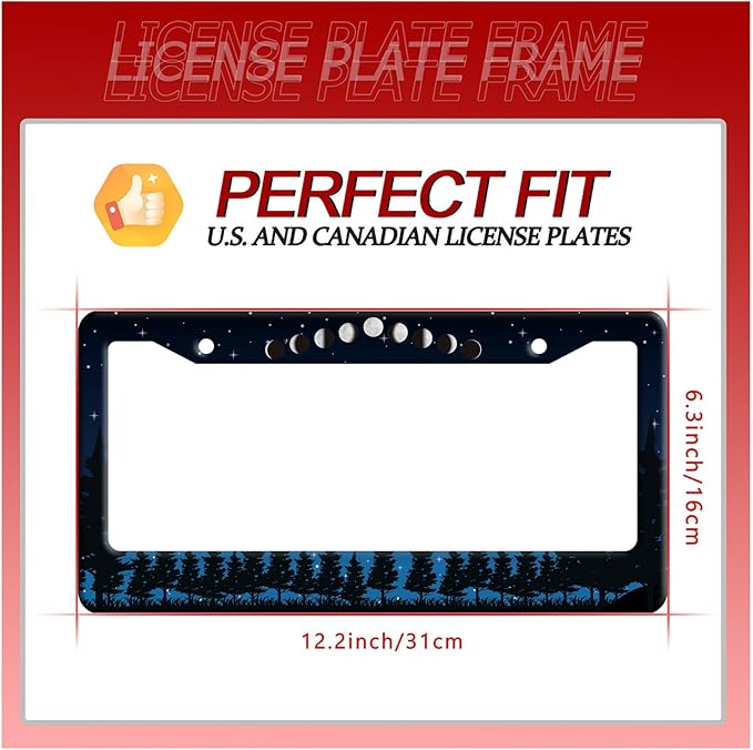 Moon Phase Forest Night License Plate Frame Moon License Plate Frames Stainless Steel Accessories Cars Decor with 2 Holes and Screws Fits Standard US CA Vehicles Size 12.2 x 6 Inches