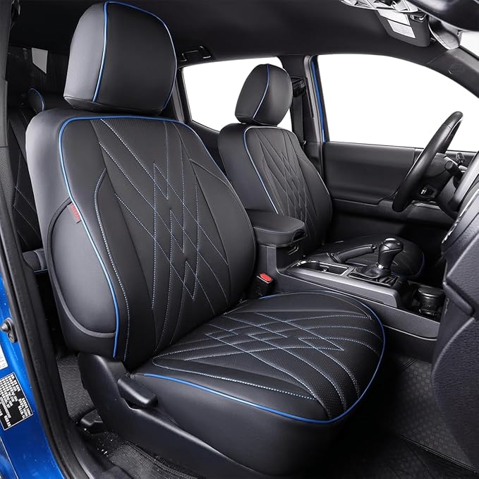 EKR Custom Fit Tacoma Rear Car Seat Covers for Select Toyota Tacoma (Petrol) 2024 2025 Double cab SR,SR5,TRD Sport,TRD Off-Road,Limited - Second Row Only,Leather (Black with Blue Trim)