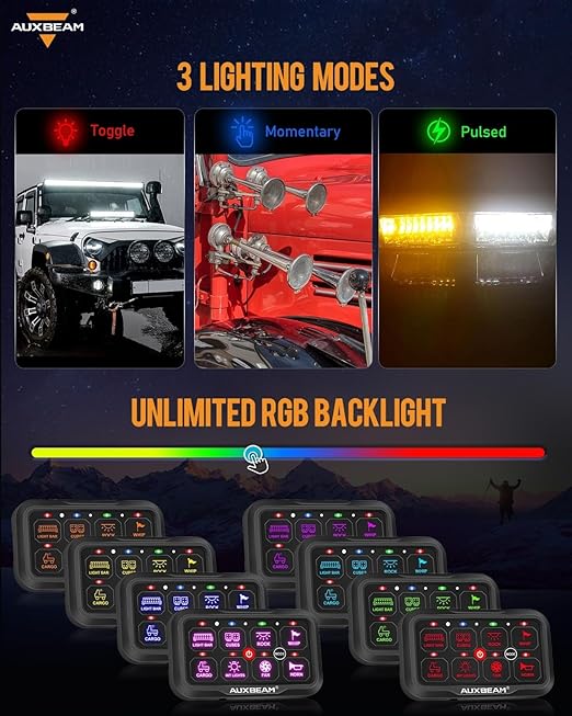 Auxbeam 8 Gang Switch Panel Bluetooth RGB AC-800 with APP&Remote Control Toggle Momentary Pulsed Switch Pod Off Backlight for Truck Offroad UTV ATV Car Marine 12-24V Waterproof 2 Years Warranty