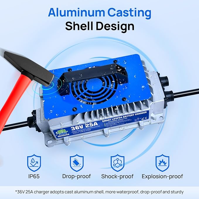 DC HOUSE 36V 25A Lithium Battery Charger, 900W Fast Charger, Charging Efficiency ≥ 93%, IP65 Waterproof Anti-Fall with Cooling Fan, Suitable for 36V Golf Cart,Trolling Motor, Forklift LiFePO4 Battery