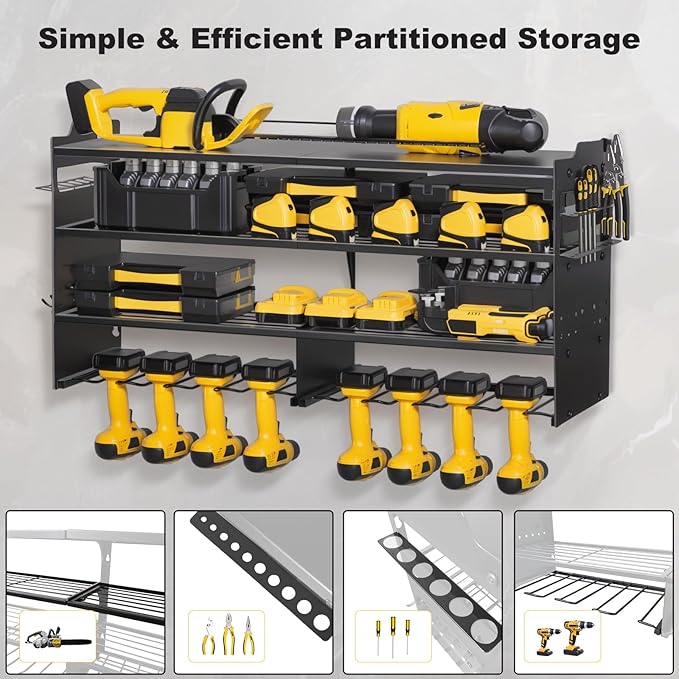 oviitech Power Tool Organizer Wall Mount, 8 Drill Holder Wall Mount Loads 400lbs, 4 Layer Heavy Duty Metal Power Tool Storage, Black, Utility Rack for Garage Workshop, Gifts for Men