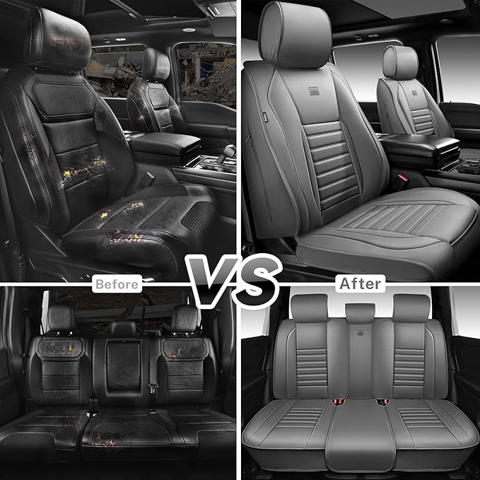 CAR PASS Nappa Leather Car Seat Covers Full Set, Luxury Seat Protector for Cars, Waterproof Anti-Slip Car Seat Cushion Armrest Compatible Airbag Universal for Sedan SUV Pick-up Truck Automotive, Gray