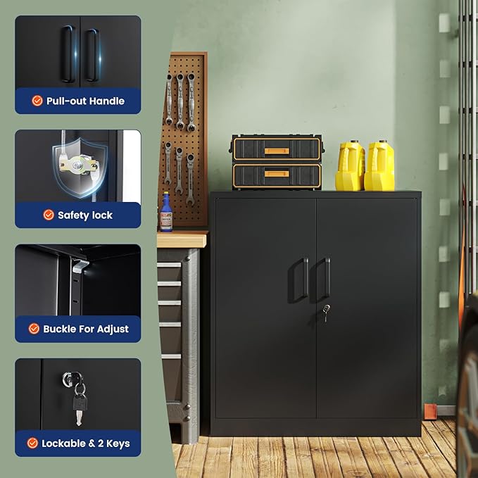 Yizosh Metal Garage Storage Cabinet with 2 Doors and 2 Adjustable Shelves - 35.5" Steel Lockable File Counter Cabinet for Home Office,Garage,Gym,School（Black）