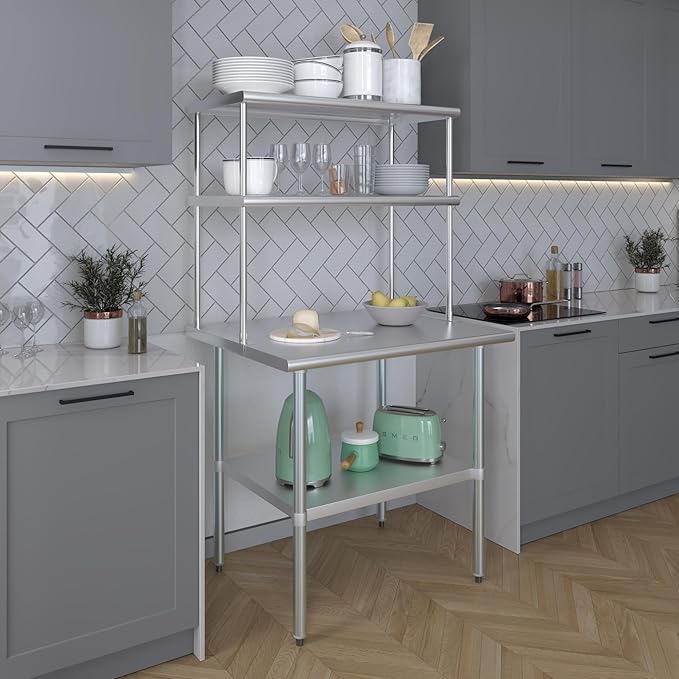 Amgood Stainless Steel Work Table Double Tier Overshelf | Metal Kitchen Prep Table & Shelving Combo (30" x 36" Work Table + 18" Overshelf)