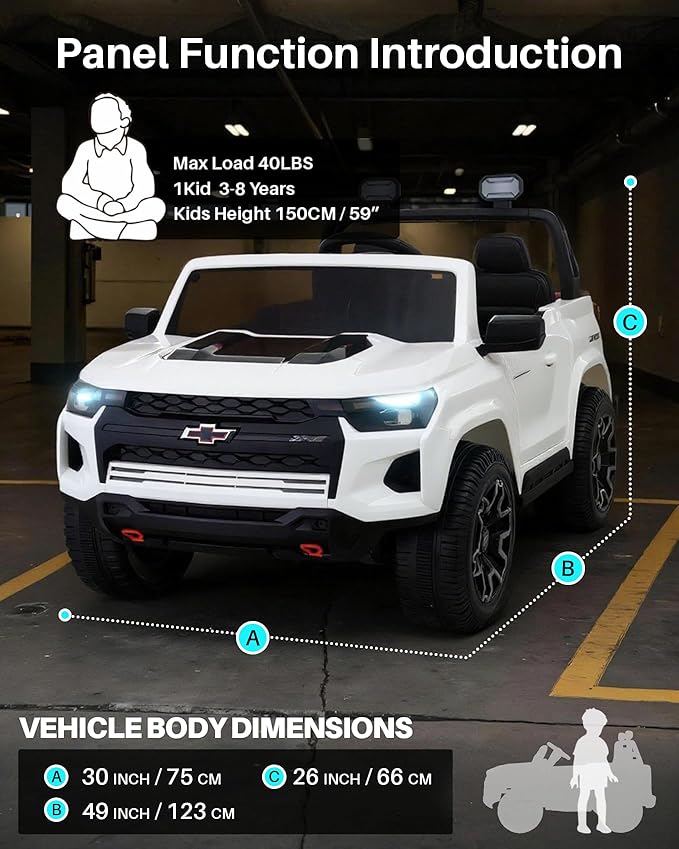 Joywhale 24V Ride on Truck 4WD Kids Electric Vehicle Licensed Chevorlet Ride on car with 7AH Big Battery, 320W Powerful Motors. 2 Seats, Music, 4 Wheel Suspension, 2 Speeds, LED Lights, White
