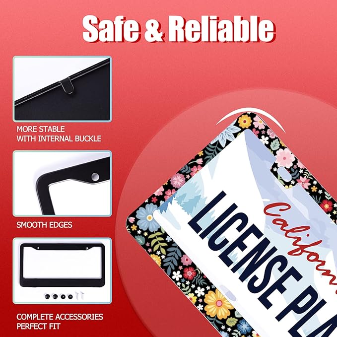 Personalise Colorful Floral Flowers License Plate Frame License Plate Frames Car Universal Stainless Steel Accessories Cars Decor with 2 Holes and Screws Fits Standard US Vehicles Size 12.2 x 6 Inches