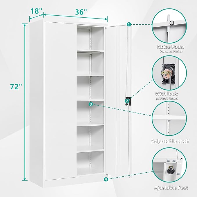 Wide & Deep Metal Storage Storage Cabinet with 5 Adjustable Shelves,White Metal Cabinet with Lock,Steel Pantry Cabinets,72" Lockable Cabinets for Home,Office,Garage,Kitchen,Shop