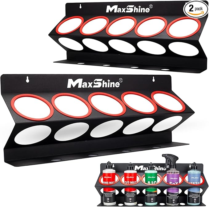 Maxshine Universal Detailing Spray Bottle Holder - Mobile Detailing & Car Garage Organizer, Holds 5 Sprayers (16oz) with 4 Small Holes, Lightweight Design, Easy Wall Mounting (Set 2)
