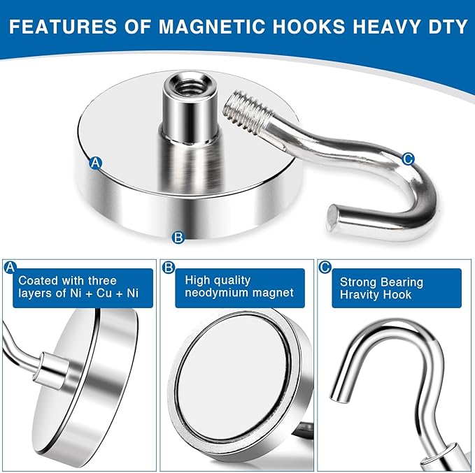 LOVIMAG Magnetic Hooks Heavy Duty, Super Stong Magnetic Hooks Neodymium Magnet Hooks for Cruise, Rare Earth Magnets with Hooks for Magnetic Hanger,Toolbox,Storage,Hanging-12 Pack