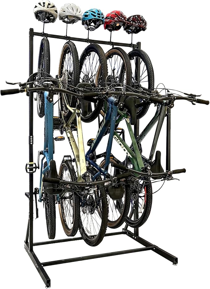 Upgraded Freestanding Bike Rack Storage - Vertical Bike Stand Max 5 Bikes with Helmet Holders, Heavy-Duty Solid Steel Bicycle Stand Indoor Garage Floor Stand