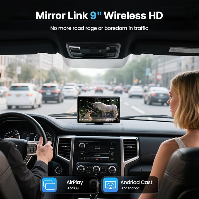 9''HD Wireless Carplay Screen For Car 4K Dash Cam&1080P Backup Camera With Apple Carplay&Android Auto Voice Control GPS DVR Call Music Message Mirror Link Airplay/Android Cast Fit Pickup Truck SUV MPV