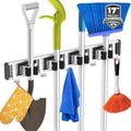 Broom Holder Wall Mount Mop and Broom Hanger Wall Mounted Garage Storage Rack Kitchen Garden Tool Organizer (4 Racks with 5 Hooks, Black)