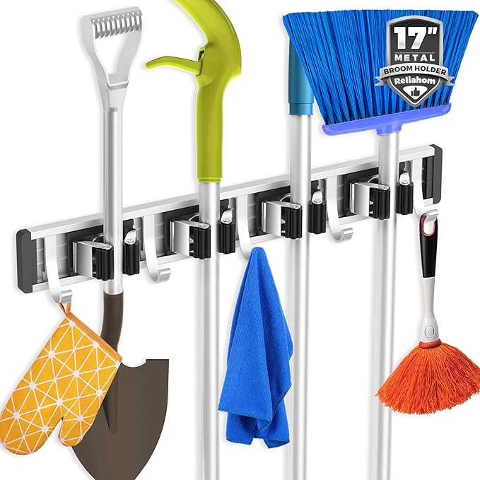 Broom Holder Wall Mount Mop and Broom Hanger Wall Mounted Garage Storage Rack Kitchen Garden Tool Organizer (4 Racks with 5 Hooks, Black)