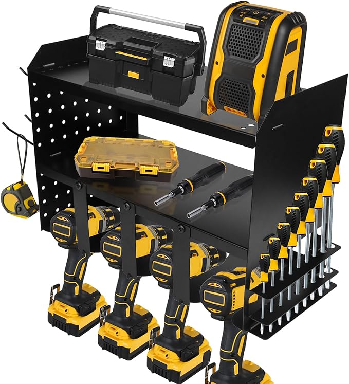 Heavy-Duty Power Tool Organizer Wall Mount, 3-Tier Drill Storage Rack with Dual Side Pegboards and 4 Hooks, Perfect for Garage, Workshop, Tool Room - Ideal Gift for Men, Black