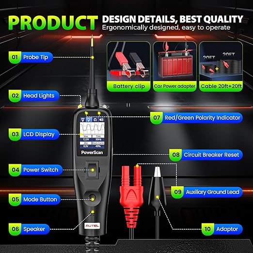 2025 Autel PowerScan PS100 Power Circuit Probe Tester, 12-24V Automotive Electrical Open/Short Breaker Finder, Component Activation Test Tool, AC/DC Trailer Relay Fuse Test, 40FT Cable, for 99% Cars