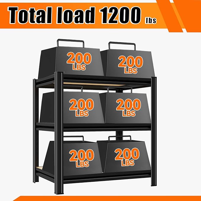 Garage Shelving, 3-Tier Adjustable Storage Shelves, Metal & Wood Pantry Shelf Organizer, Modern Garage Shelving Unit, Utility Storage, 29" W x 30" H x 12" D
