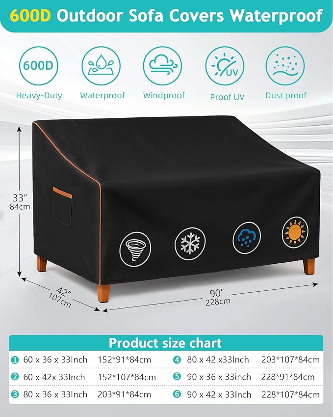 Outdoor Sofa Cover, Waterproof Patio Furniture Cover 90W x 42D x 33H inches Heavy Duty 600D Oxford Fabric Black
