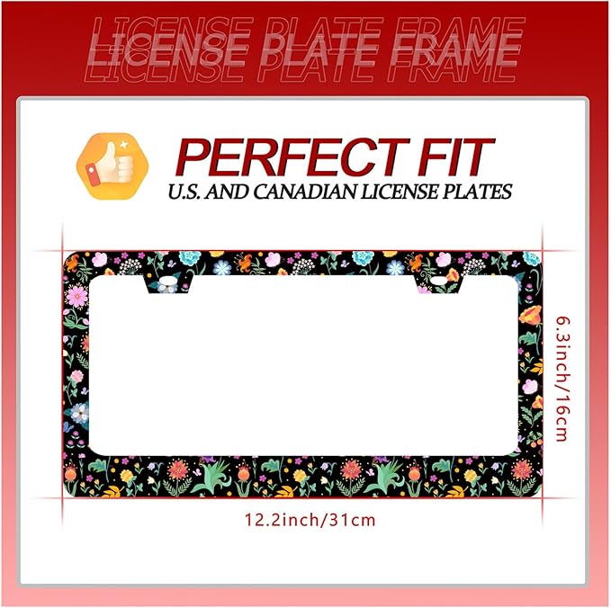 Colorful Flowers License Plate Frame Folk Art Floral License Plate Holder Funny Stainless Steel Accessories Cars Decor with 2 Holes and Screws Fits Standard Us Ca Vehicles 12.2 X 6 Inch