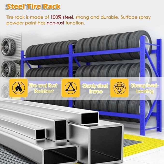 Adjustable Height Tire Storage Rack for Garage, Maximum Load 1100 lbs, Blue, 3 Tiers(59x19.6x78.7in)