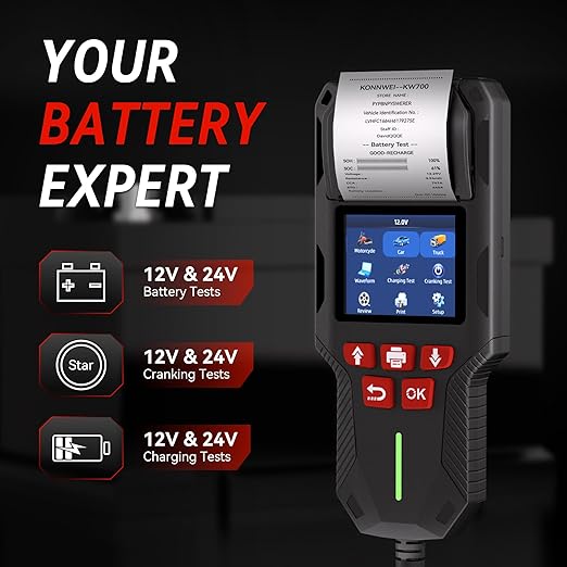 KONNWEI Car Battery Tester with Printer, Automotive 12V 24V Battery Load Tester Cranking and Charging Test 10-2000CCA Battery Analyzer Alternator Tester for Car Truck Motorcycle (Paper Included)