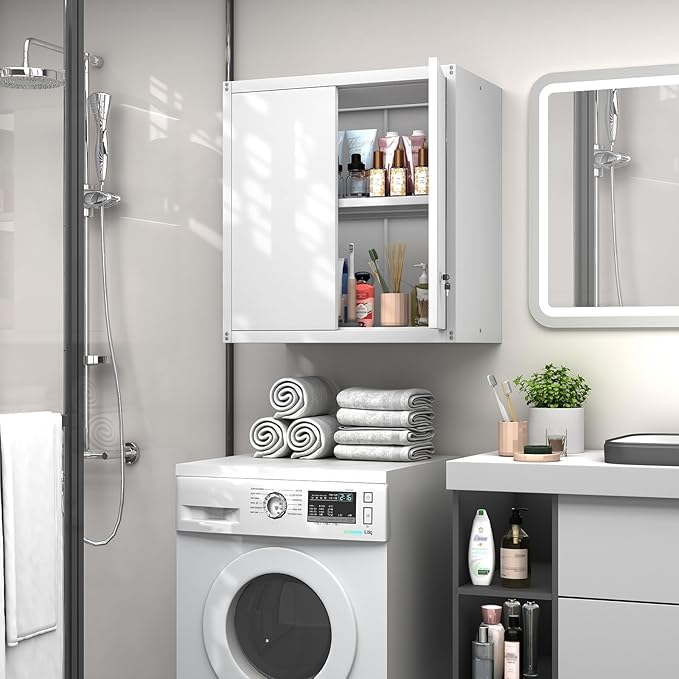 GREATMEET Metal Wall Cabinet, Wall Mounted Cabinet with Doors and Adjustable Shelf, Metal Storage Cabinet with Lock, Wall Cabinet for Garage, Pantry, Utility Room, White