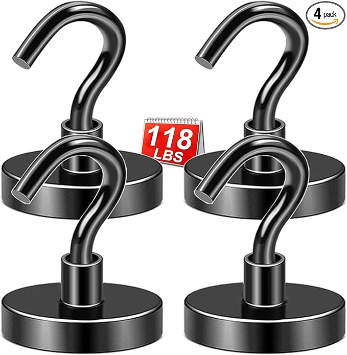 DIYMAG Black Magnetic Hooks, 118 LB Heavy Duty Strong Magnets with Hook, Rare Earth Neodymium Magnet Magnetics for Cabins Cruise Ship Essentials 4 Packs